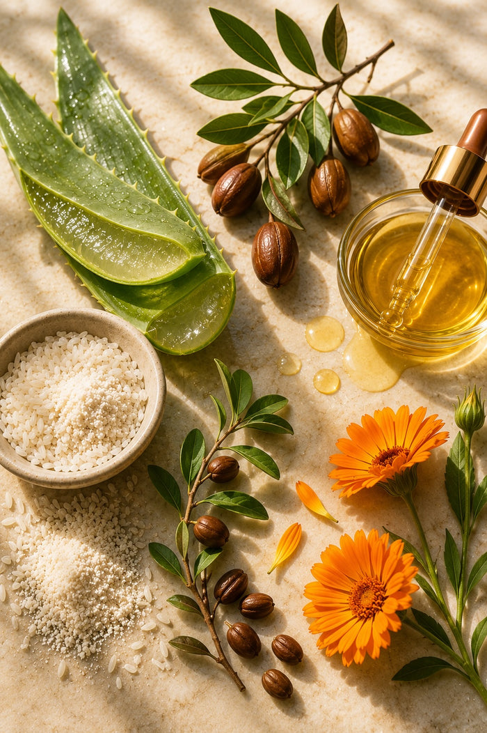 Fresh aloe vera, argan oil, argan nuts, rice protein, rice, jojoba branches and seeds, and calendula flowers arranged on a warm natural stone surface in soft sunlight.