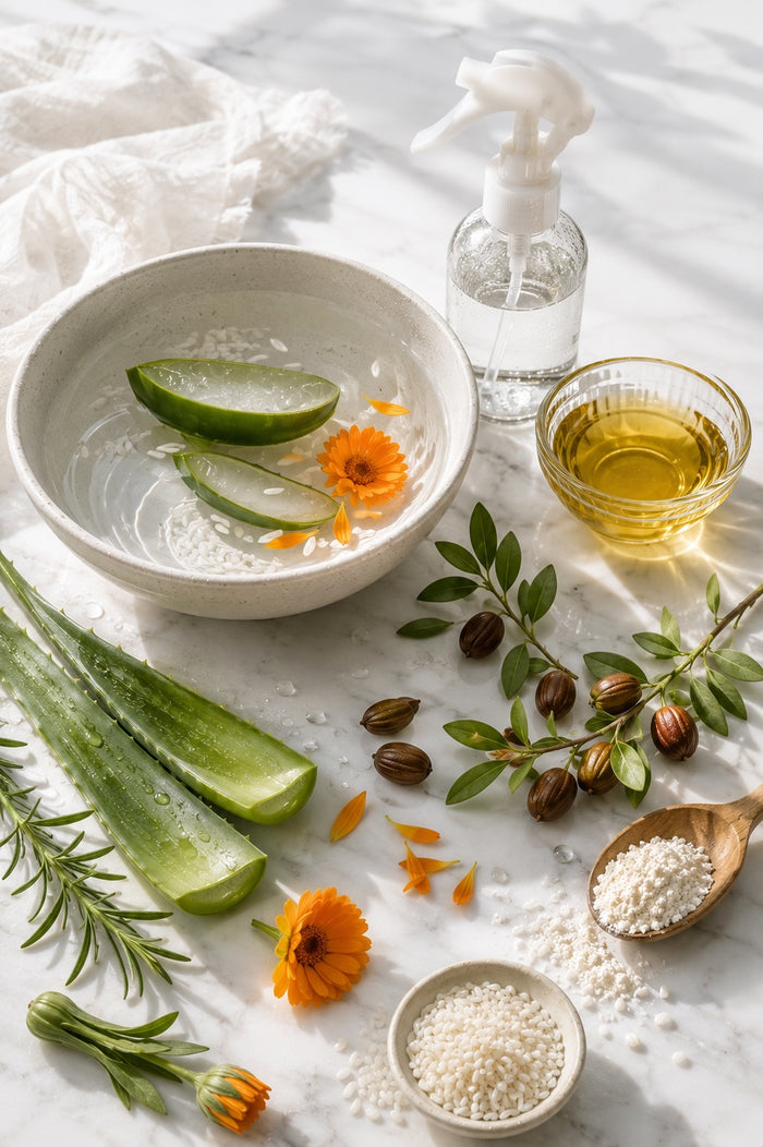 Fresh aloe vera, argan oil, jojoba branches and seeds, rice protein, rice, calendula flowers, and rosemary arranged on a white marble surface with a bowl of water in soft natural sunlight.