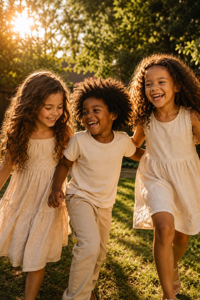 Three joyful children with different curl and wave patterns holding hands and laughing together outdoors in golden afternoon light, wearing matching cream colored outfits.